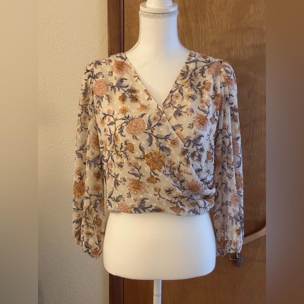 Joie Faux Wrap Cropped Floral V-Neck Smocked Sheer Sleeve Boho Top